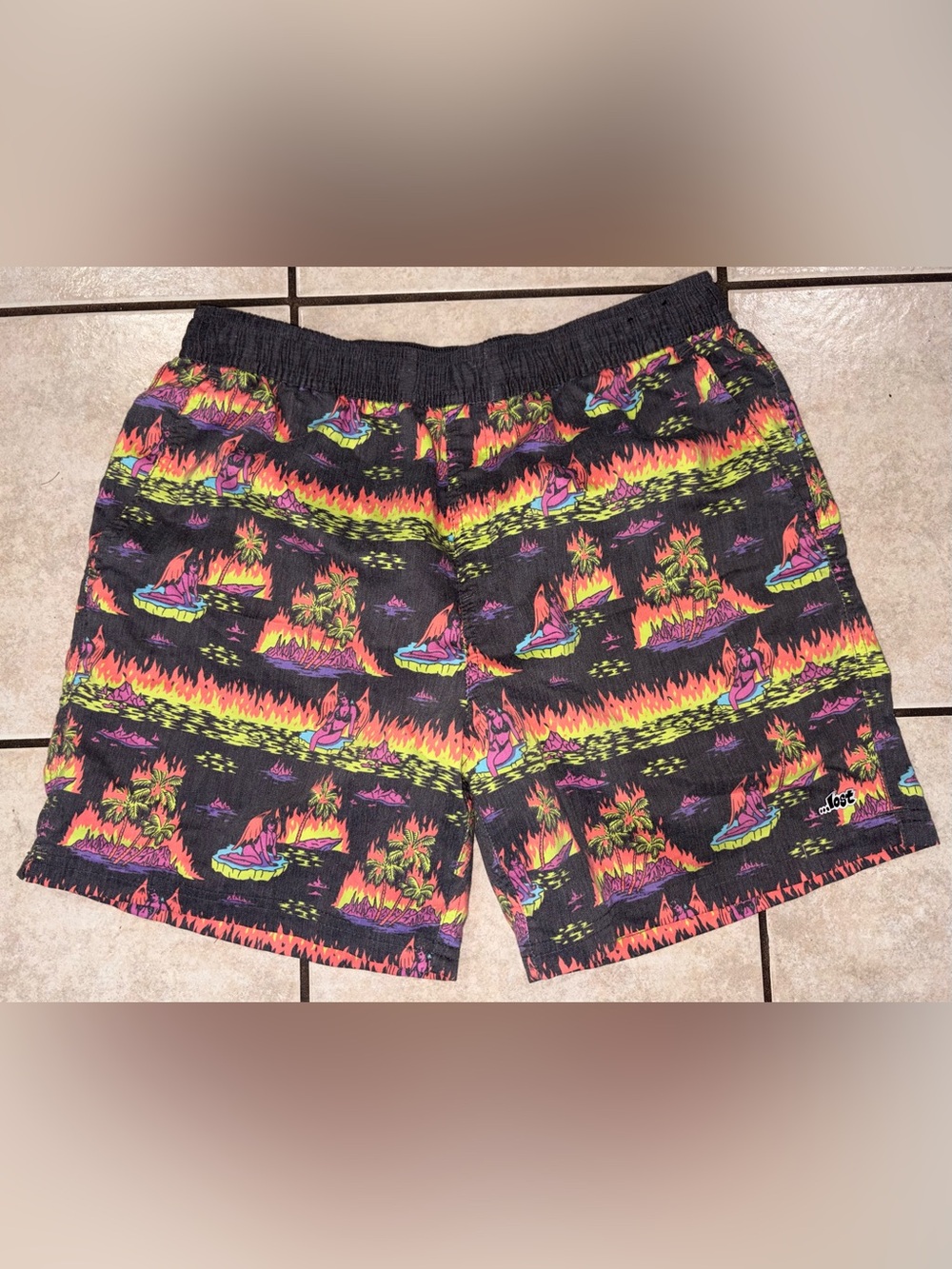 Vintage Lost Enterprises Neon Hawaiian Print Swim board Shorts Black